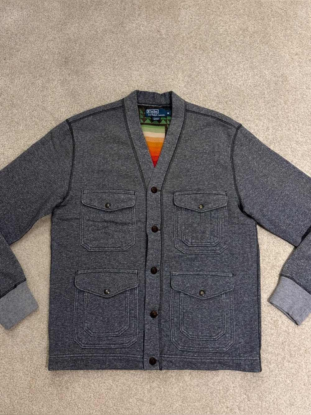 Polo Ralph Lauren Lining Native Border Pattern Gray Cardigan Jacket Mens Size M